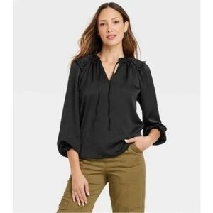 Knox Rose Women's Long Sleeve Satin Top Black Medium